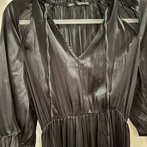 Zara Black Satin V-Neck Long Sleeve Midi Dress